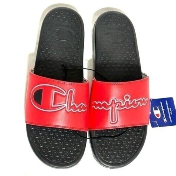 NWT Champion Mens size 13 Red slip on slides with white logo script writing - Picture 1 of 9